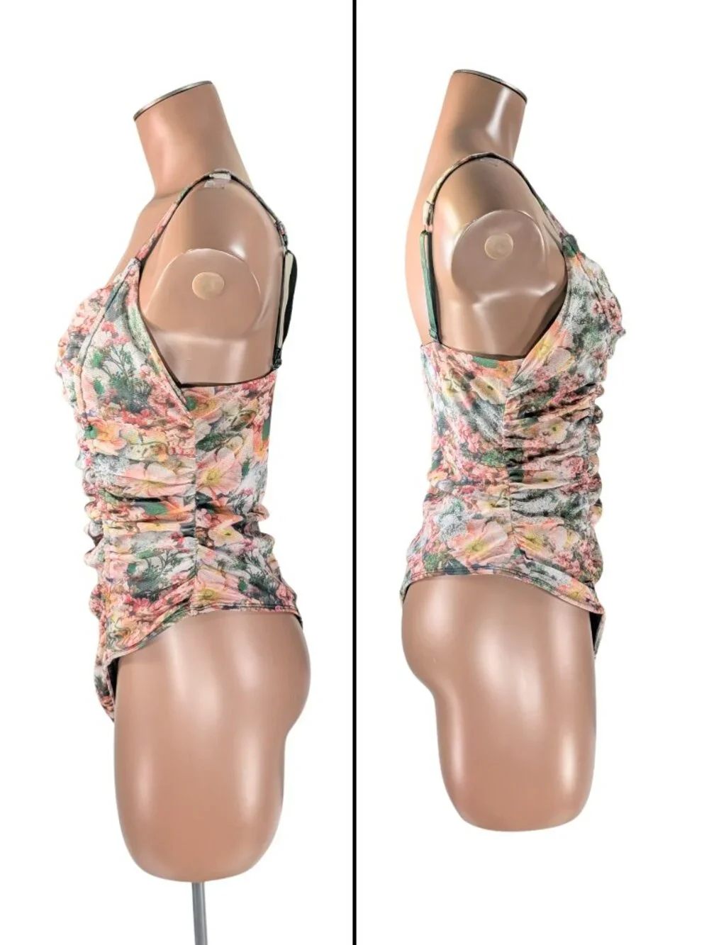 Out From Under Large Floral Lace Lined Adjust Strap Ruched Romantic Body Suit